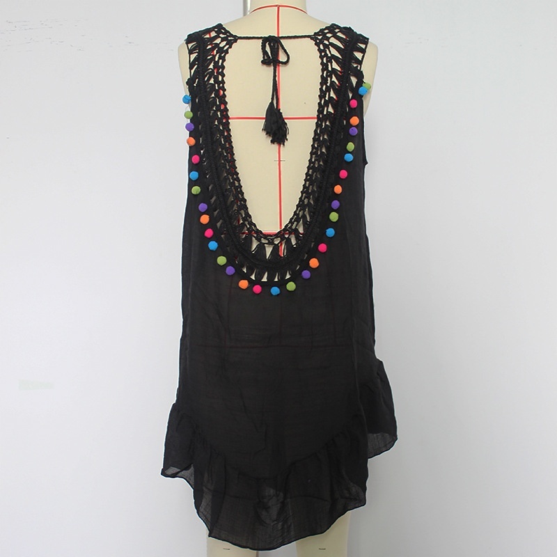 Womens Boho Beach Cover-Up Dress - Crochet V-Neck Sleeveless Mini Dress